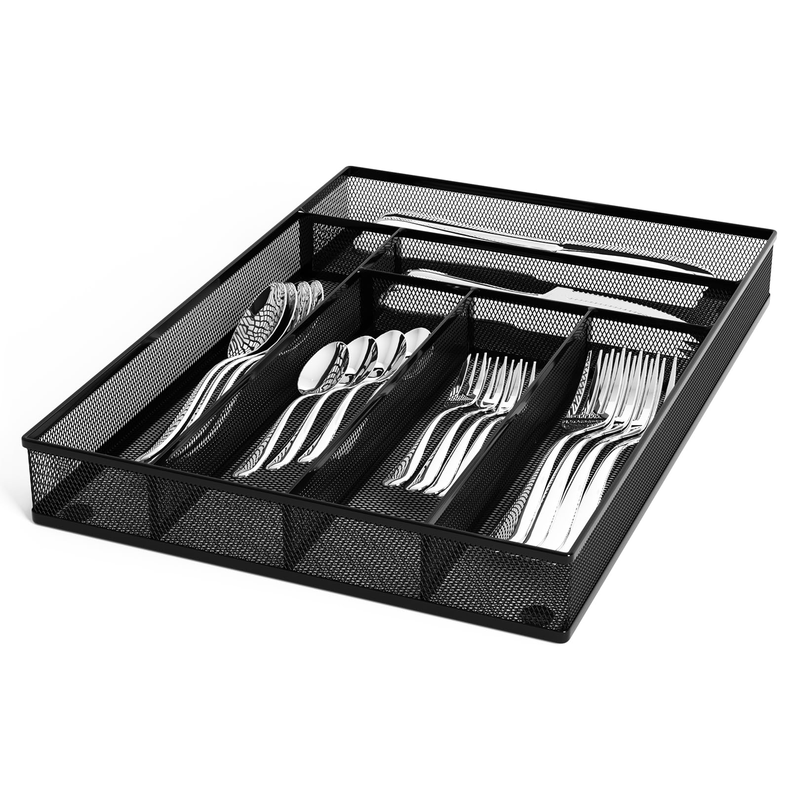 SEDEGN Silverware Organizer Metal Mesh, Large Drawer Organizer, Utensil Cutlery Tray for kitchen drawers, Flatware Organizer with 6 Compartment, Black