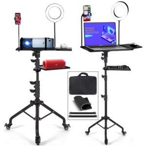 asltoy projector tripod stand with wheels adjustable height laptop tripod stand with led ring light carrying bag 2 shelves mouse tray phone holder projector music stand portable laptop floor stand