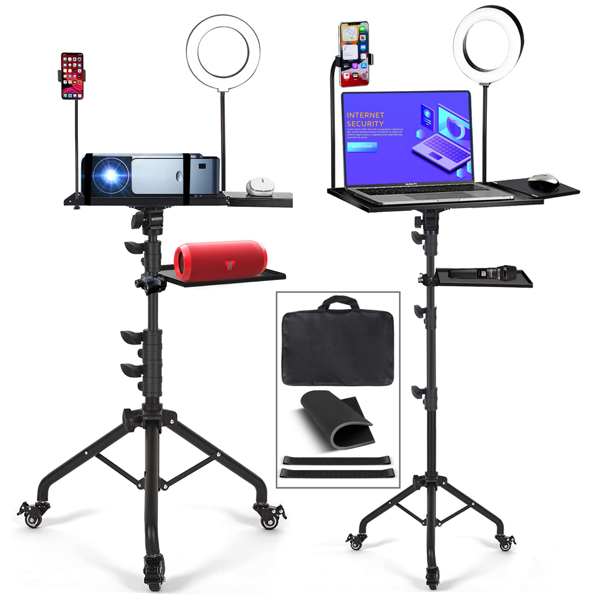 Asltoy Projector Tripod Stand with Wheels Adjustable Height Laptop Tripod Stand with LED Ring Light Carrying Bag 2 Shelves Mouse Tray Phone Holder Projector Music Stand Portable Laptop Floor Stand