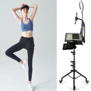 Asltoy Projector Tripod Stand with Wheels Adjustable Height Laptop Tripod Stand with LED Ring Light Carrying Bag 2 Shelves Mouse Tray Phone Holder Projector Music Stand Portable Laptop Floor Stand