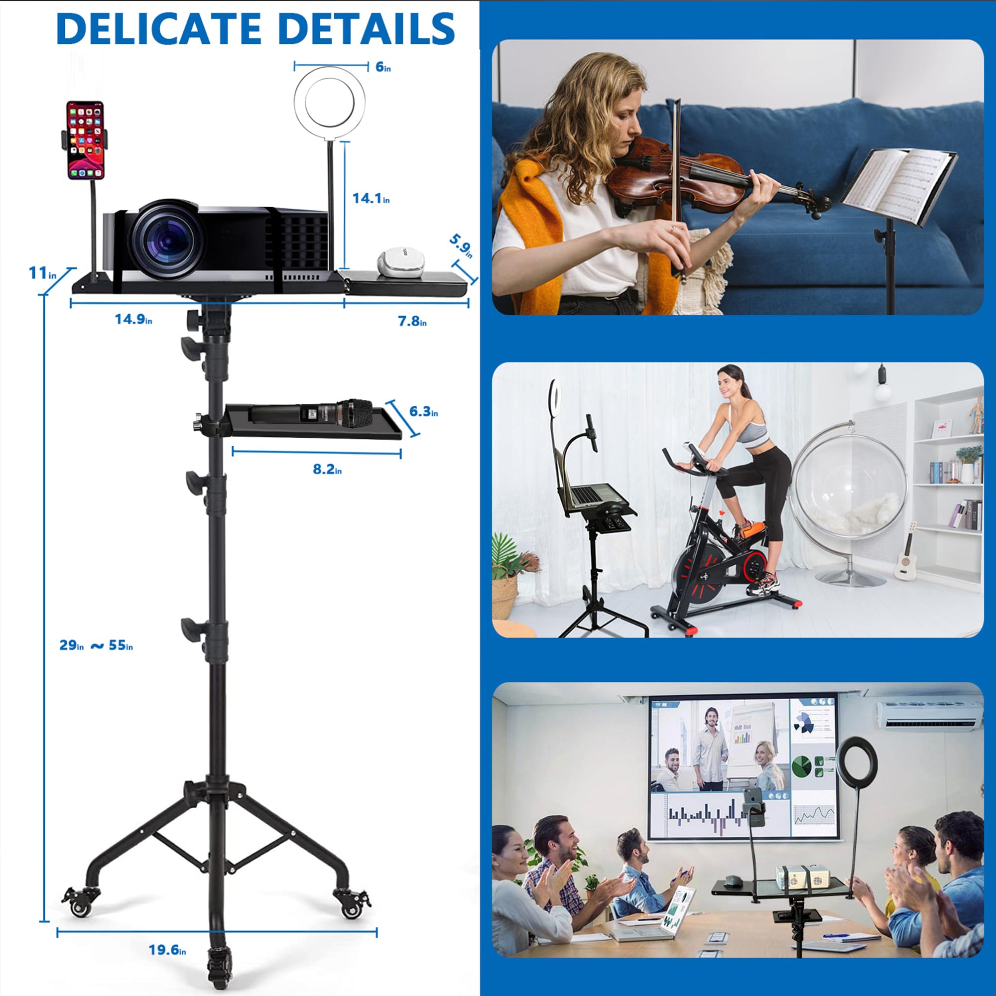 Asltoy Projector Tripod Stand with Wheels Adjustable Height Laptop Tripod Stand with LED Ring Light Carrying Bag 2 Shelves Mouse Tray Phone Holder Projector Music Stand Portable Laptop Floor Stand