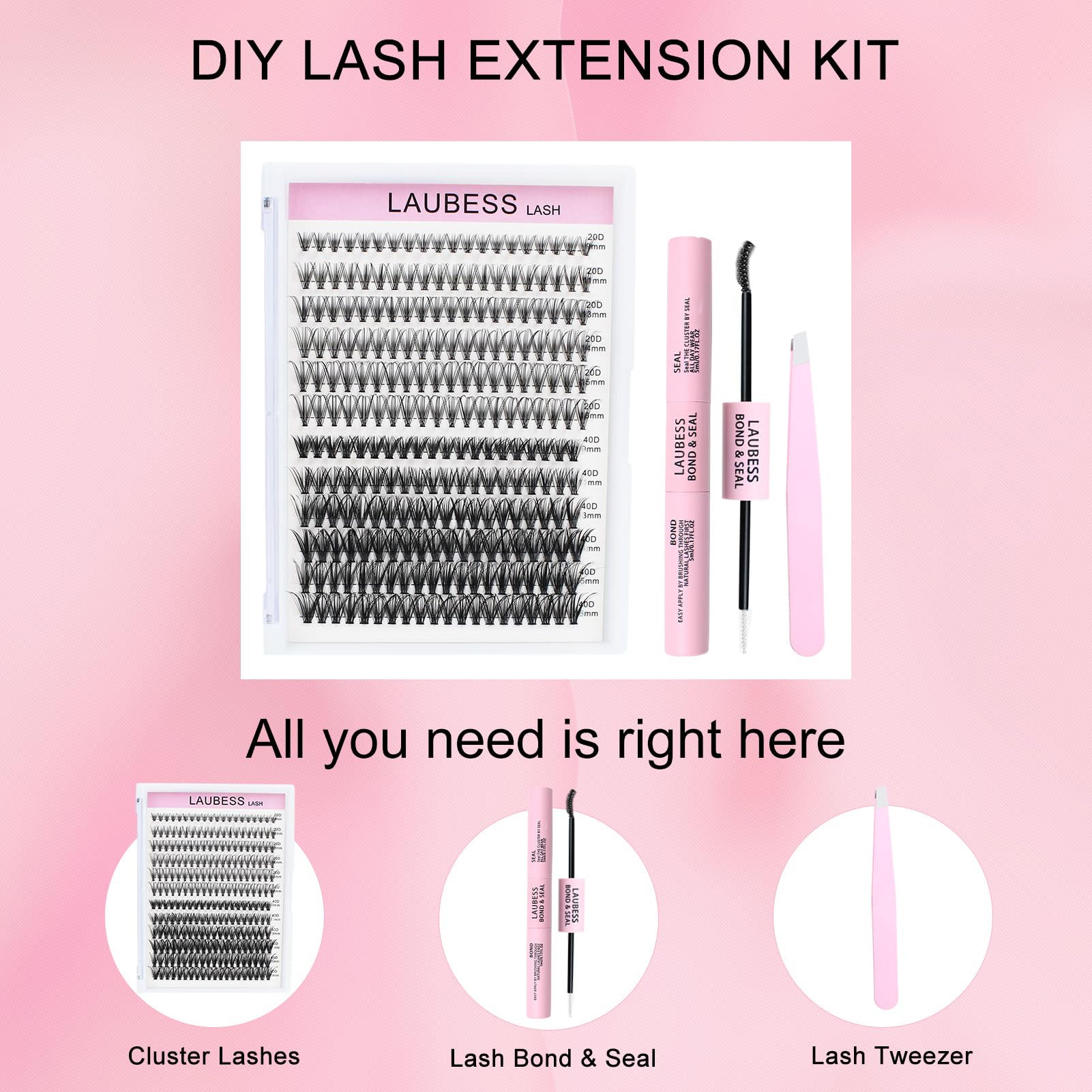 Lash Extension Kit 20D+40D Lash Clusters Kit Lash Bond and Seal Waterproof Individual Lashes Kit DIY Lash Extension Kit Lash Tweezers Eyelash Extension Kit (Set 20D+40D-0.07D-9-16Mix)