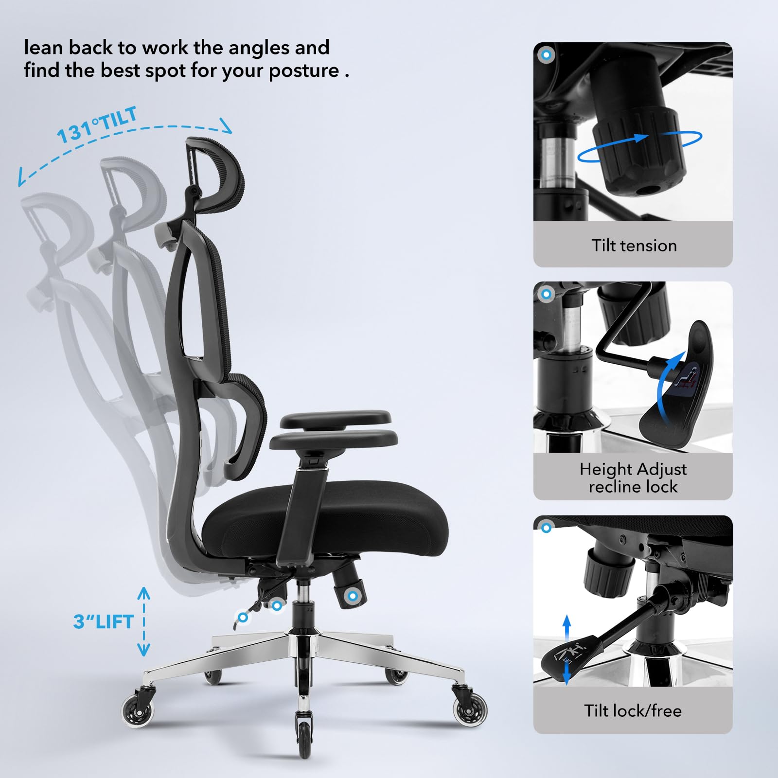 Chair Master Ergonomic High Back Office Chair | Roller Blade Casters | Mesh Chair | for Executives, Office Goers, Work from Home Set up | 3D Armrests, Adjustable Headrest