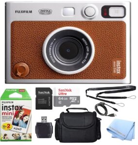 fujifilm mini evo hybrid camera (brown) instant film camera bundle with 20 instant film sheets + 64gb microsd memory card + small padded case + sd card reader + extreme electronics cloth
