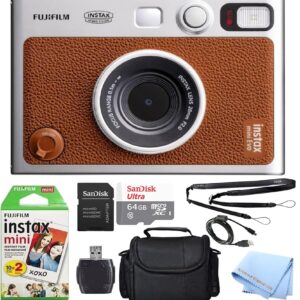 Fujifilm Mini EVO Hybrid Camera (Brown) Instant Film Camera Bundle with 20 Instant Film Sheets + 64GB microSD Memory Card + Small Padded Case + SD Card Reader + Extreme Electronics Cloth