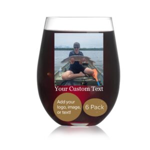 personalized stemless wine glass with your photo, logo or text - fun gift for birthdays, best friend, mothers day, bridesmaid (6 pack)