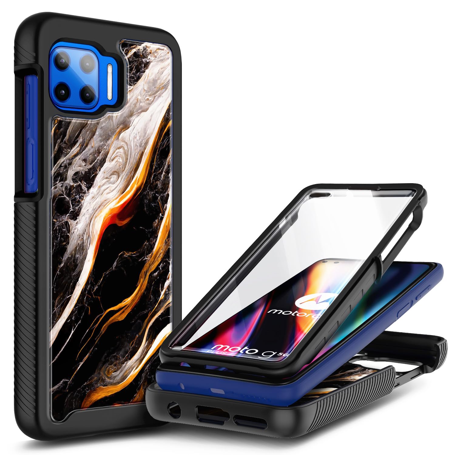 NZND Case for Motorola Moto One 5G / 5G UW/G 5G Plus with [Built-in Screen Protector], Full-Body Protection Bumper, Shockproof Protective, Impact Resist Case Cover (Black Marble)