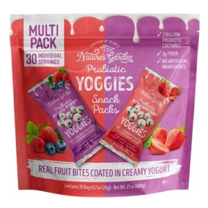 nature's garden probiotic yoggies multi pack, 21oz (strawberry yoggies 15x0.7 oz +mixed berry yoggies 15x0.7 oz), strawberry and mixed berry yogurt covered snack, high fiber, real fruit pieces, no artificial ingredients, healthy snack for adults