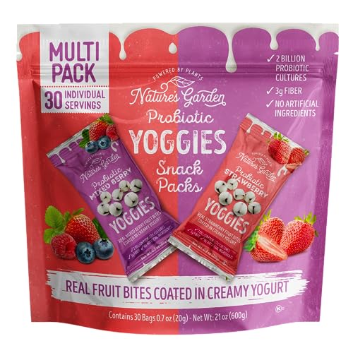 Nature's Garden Probiotic Yoggies Multi Pack, 21oz (Strawberry Yoggies 15x0.7 oz +Mixed Berry Yoggies 15x0.7 oz), Strawberry and Mixed Berry Yogurt Covered Snack, High Fiber, Real Fruit Pieces, No Artificial Ingredients, Healthy Snack for Adults