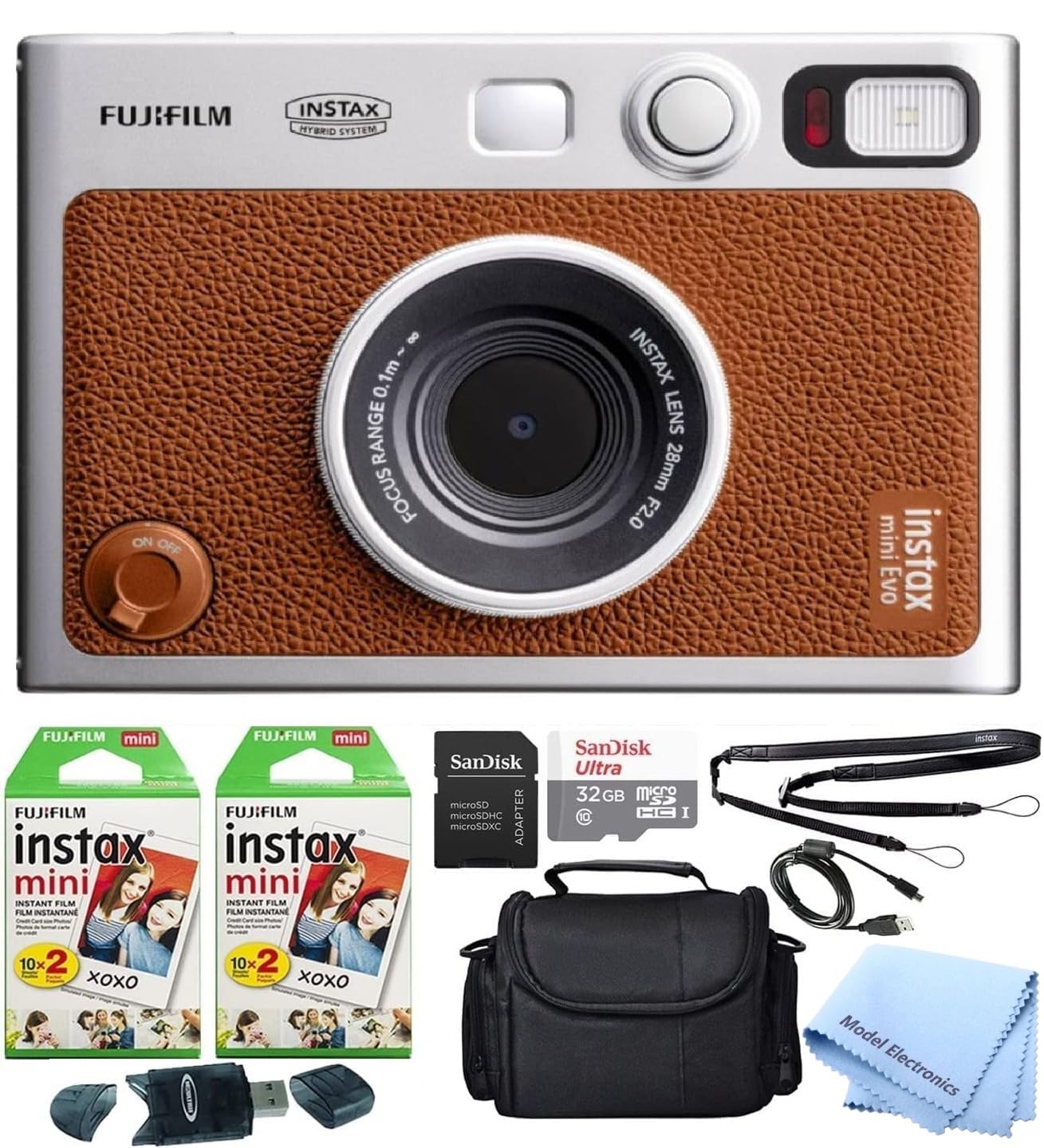 Fujifilm Instax Mini EVO Brown Hybrid Instant Film Camera Bundle with 40 Instant Film Sheets + 32GB microSD Memory Card + Small Padded Case + SD Card Reader + Model Electronics Cloth