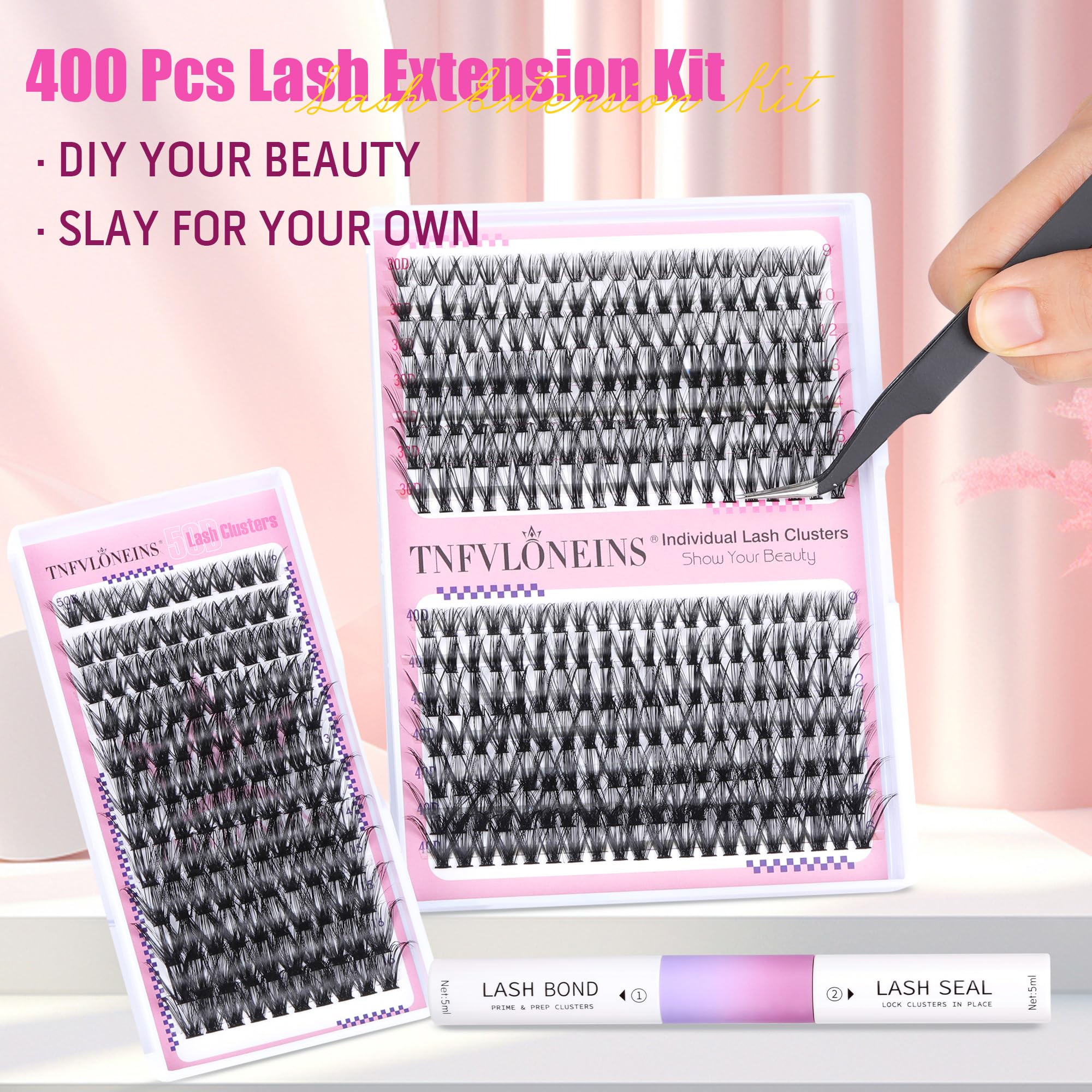 DIY Lash Extension Kit 400Pcs Cluster Lashes Kit 30D 40D 50D Individual Eyelash Extension Kit, Bond and Seal Lash Glue and Lash Clusters Applicator Tool for Eyelash Extensions(Kit-30D/40D/50D,9-16MIX)