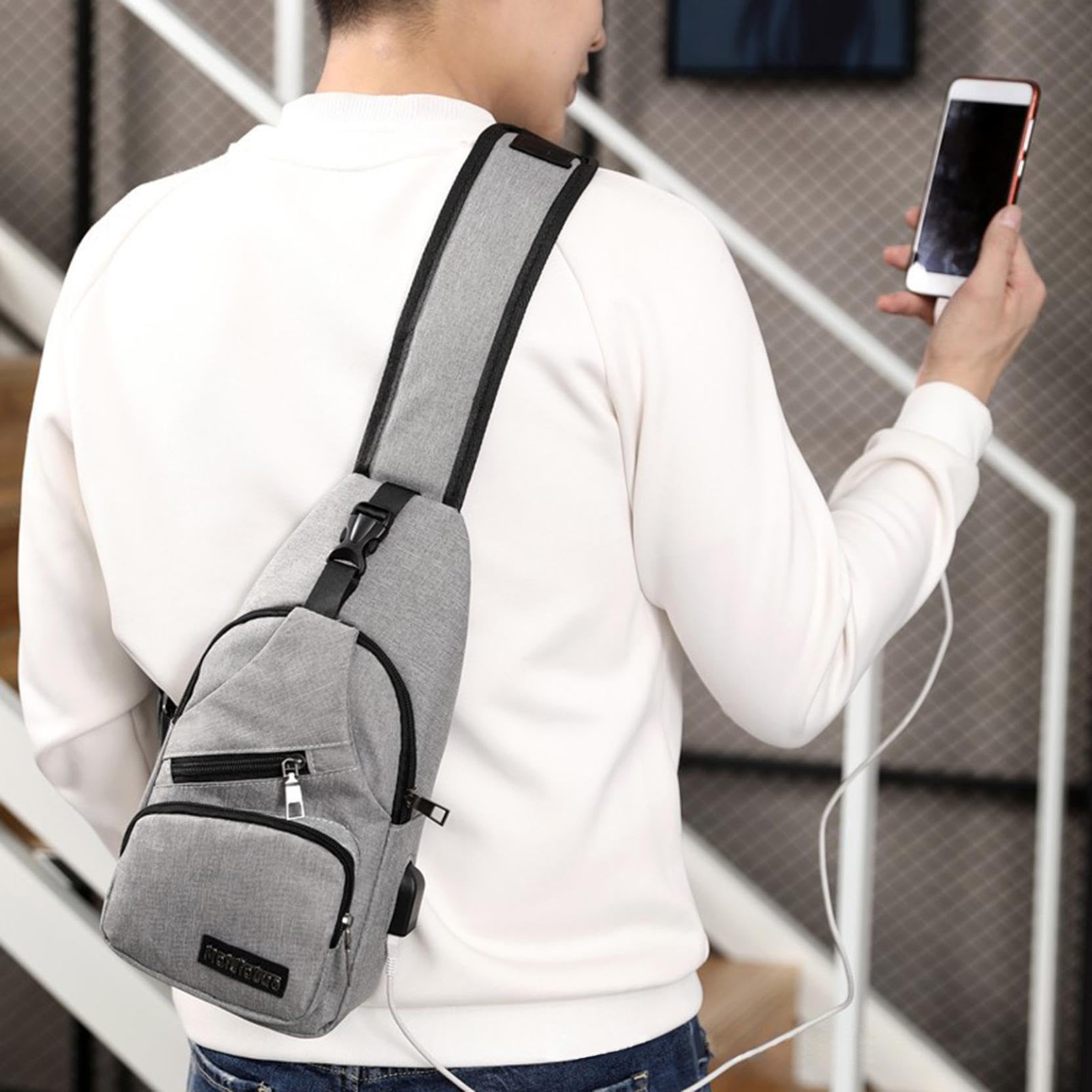 mtvxesu Str𝘢p B𝘢g Crossb𝘰dy Backpack With USB Hole With Headphone Hole Str𝘢p Backpack Hiking Backpack Multipurpose Crossb𝘰dy Ch𝘦st Bag (Gray)