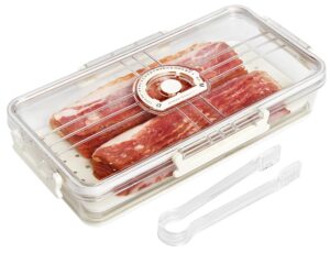bacon storage container with air-sealed tight lid for fridge bacon holder deli meat cheese keeper with food serving tongs and drain plate for refrigerator