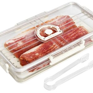 Bacon Storage Container with Air-sealed Tight Lid for Fridge Bacon Holder Deli Meat Cheese Keeper with Food Serving Tongs and Drain Plate for Refrigerator