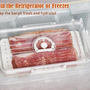 Bacon Storage Container with Air-sealed Tight Lid for Fridge Bacon Holder Deli Meat Cheese Keeper with Food Serving Tongs and Drain Plate for Refrigerator