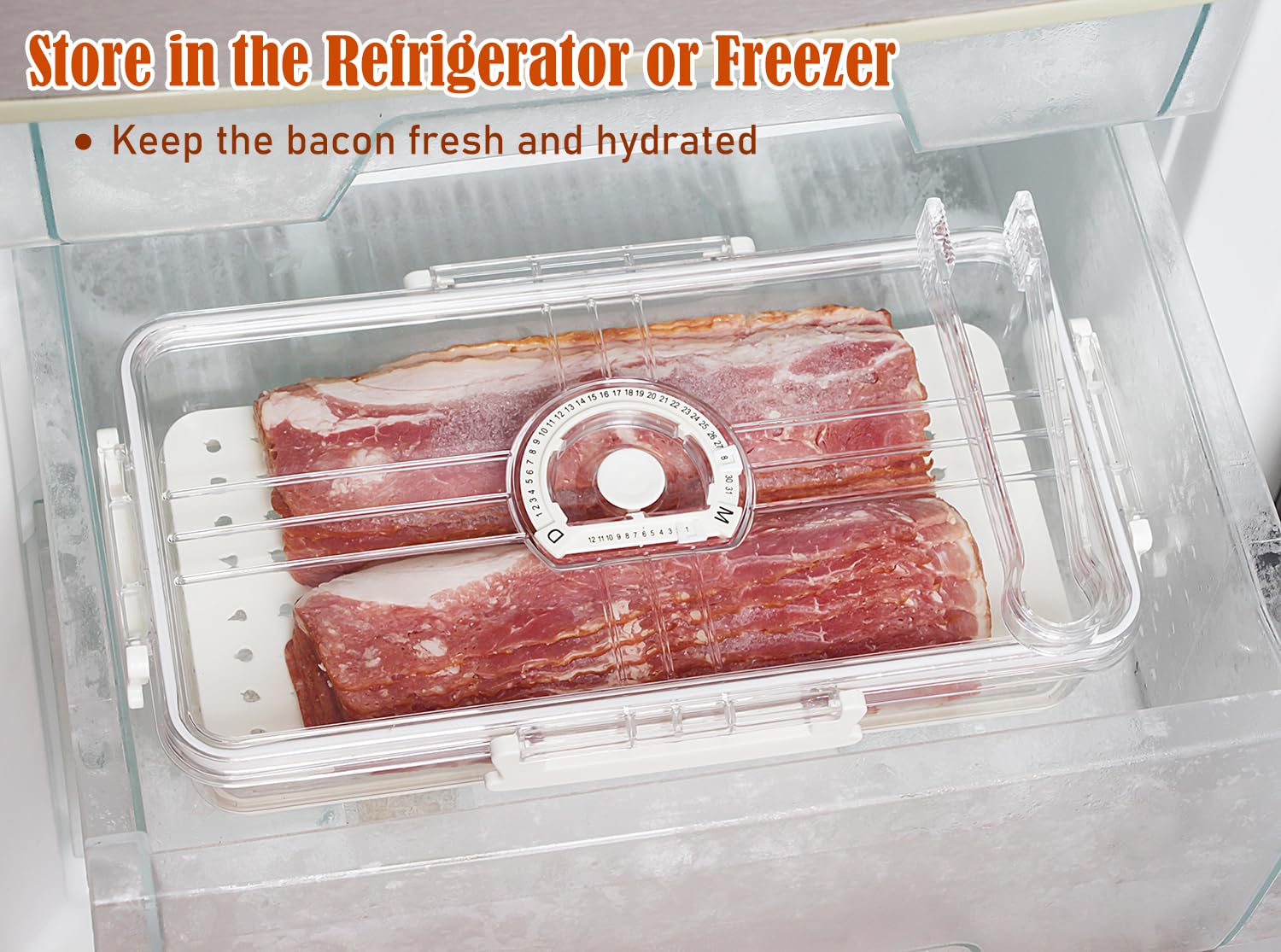 Bacon Storage Container with Air-sealed Tight Lid for Fridge Bacon Holder Deli Meat Cheese Keeper with Food Serving Tongs and Drain Plate for Refrigerator