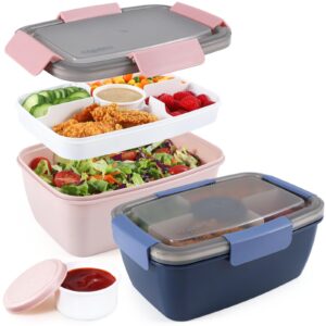 caperci 2 pack large salad container for lunch - 68 oz salad bowls to go, leakproof bento box adult with 5 compartments tray, 4pcs 3-oz sauce cups, reusable spork & bpa-free (navy & pink)