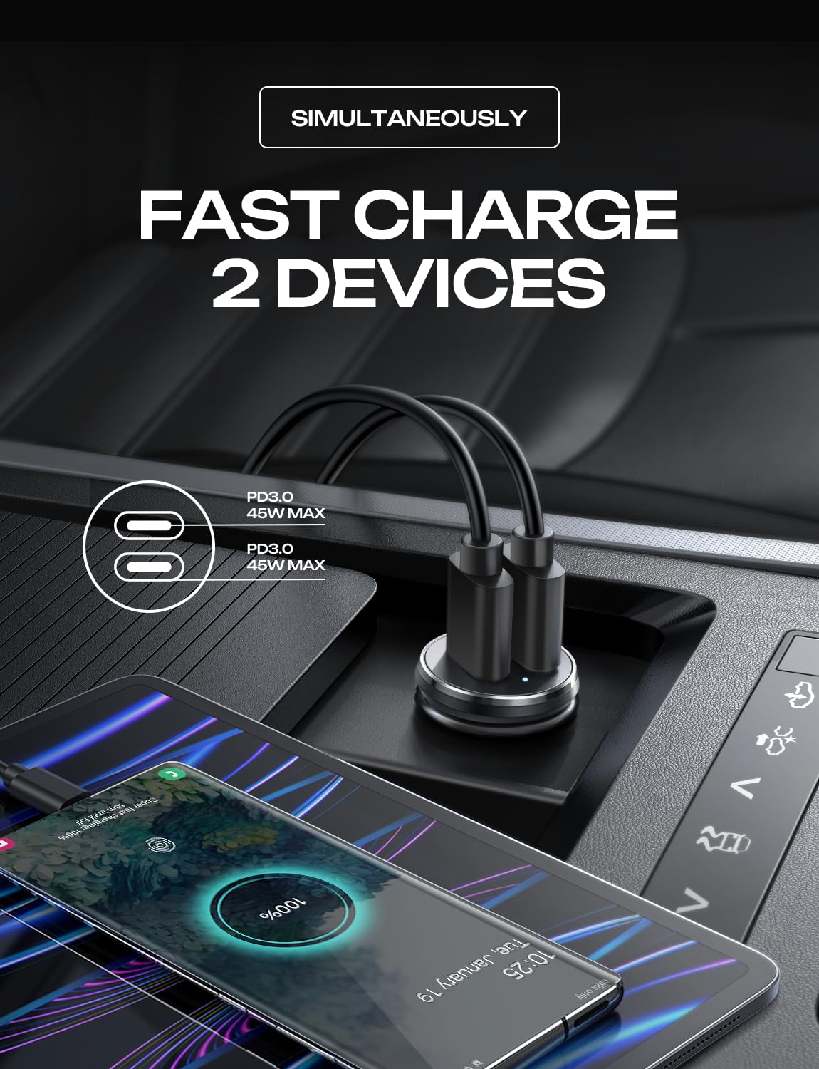 LISEN 90W USB C Car Charger [All Metal & Mini] Cigarette Lighter Adapter Fast Charging, Mini Dual PD 45W & PD 45W Super Fast Car Charger USB C for iPhone 15 Pro Max Glaxy S24 iPad Pro MacBook Air