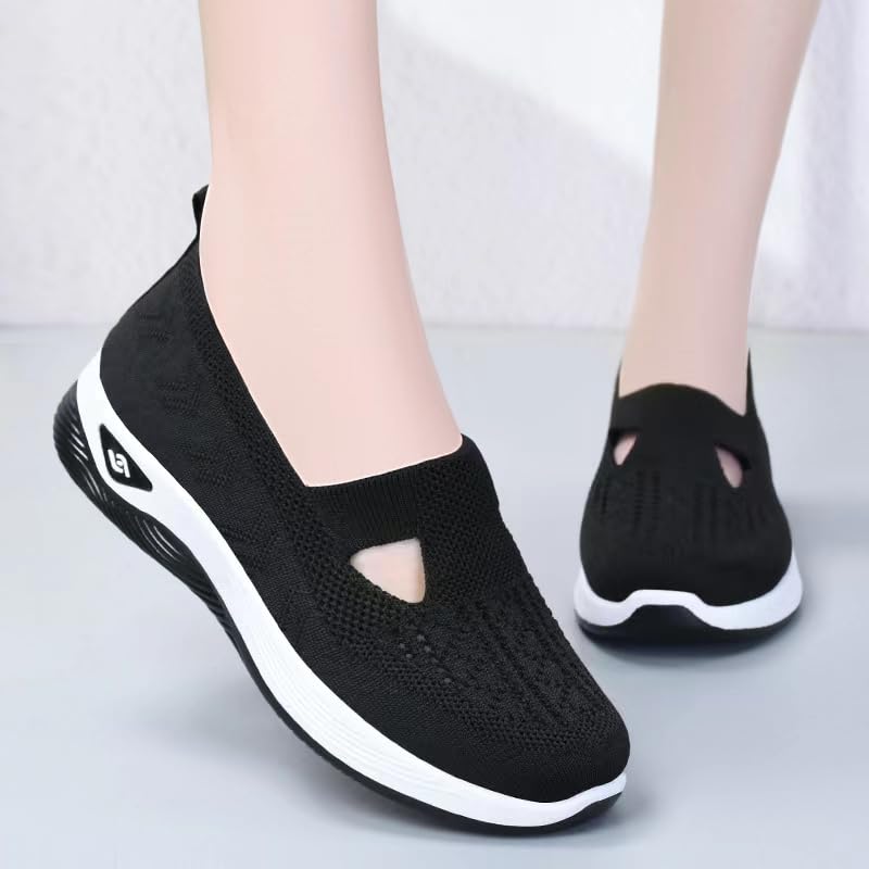 Women's Woven Breathable Sneakers,Outdoor Comfort Casual Fashion Soft Sole Orthopedic Wide Shoes (Black,8)