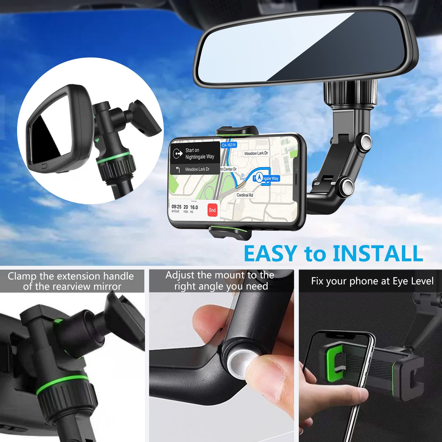 LvShuLiangPin Rearview Mirror Phone Mount Holder for Car, 360° Rotating, Multifunctional Mount Phone and GPS Holder Universal Car Phone Holder for All Smartphones