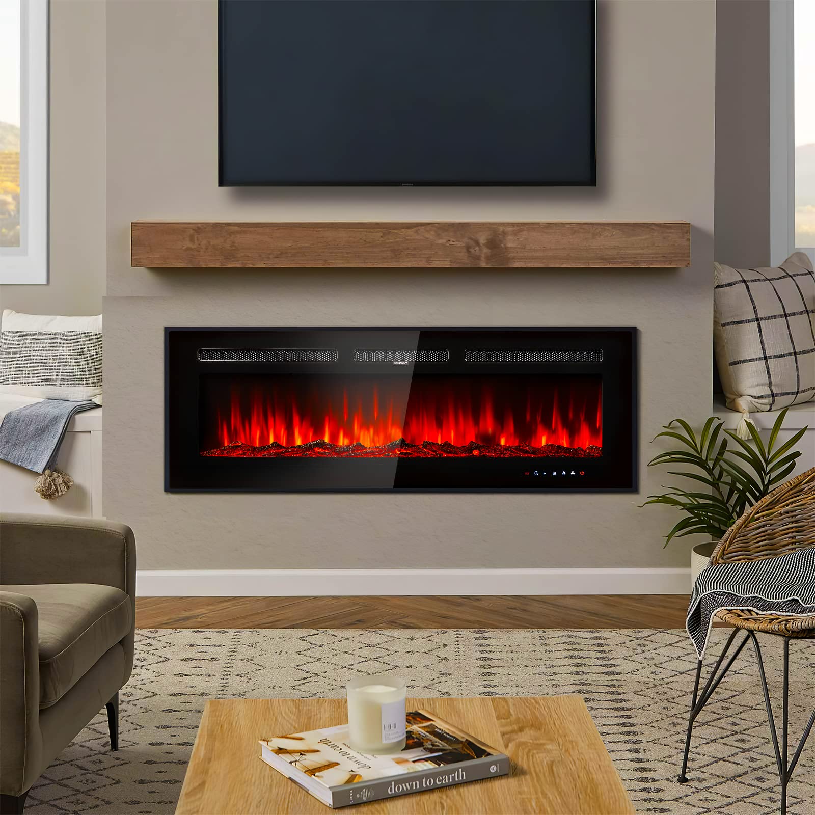 Jolydale Electric Fireplace 50 inch Wall Mounted and Recessed with Remote Control and Touch Panel Control, Timer,12-Level Adjustable Flame Colors and Speed