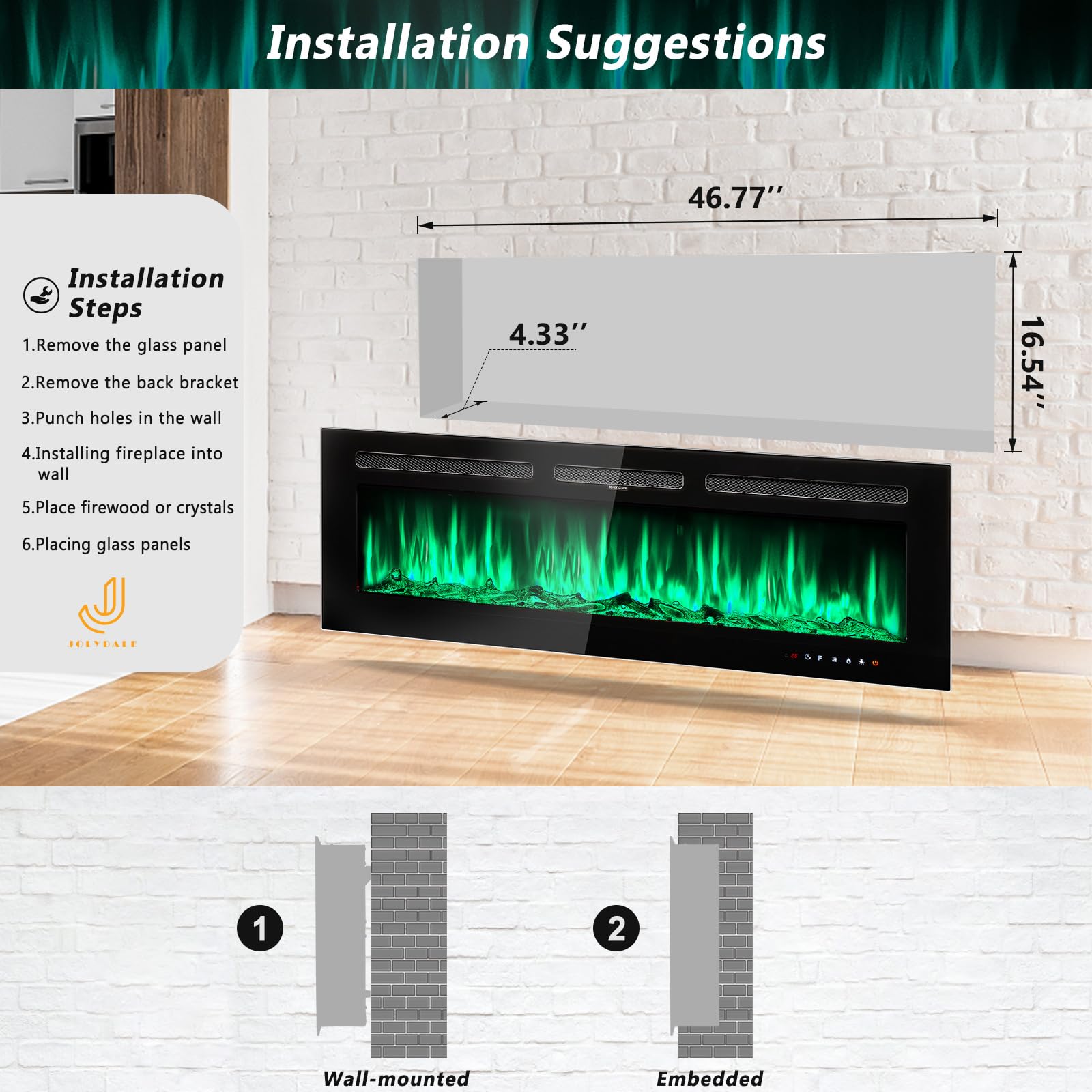 Jolydale Electric Fireplace 50 inch Wall Mounted and Recessed with Remote Control and Touch Panel Control, Timer,12-Level Adjustable Flame Colors and Speed