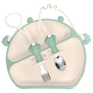 upgraded suction plates for baby, with divided stainless steel spoon and fork silicone toy straps eazmom all-in-one plates silicone placemat for babies toddlers self feeding - green