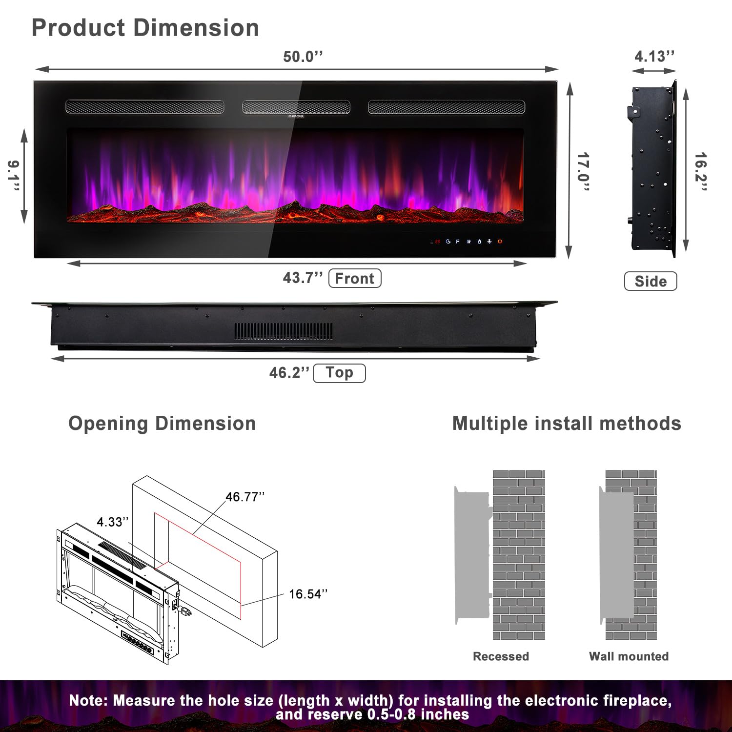 Breezestival Electric Fireplace 50 inch Wall Mounted and Recessed with Remote Control and Touch Panel Control, Timer,12-Level Adjustable Flame Colors and Speed