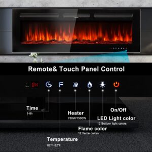 Breezestival Electric Fireplace 50 inch Wall Mounted and Recessed with Remote Control and Touch Panel Control, Timer,12-Level Adjustable Flame Colors and Speed