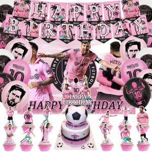 kozrlib soccer star theme birthday party decorations 31pcs pink miaami football party supplies including banner cake topper cupcake toppers balloons background