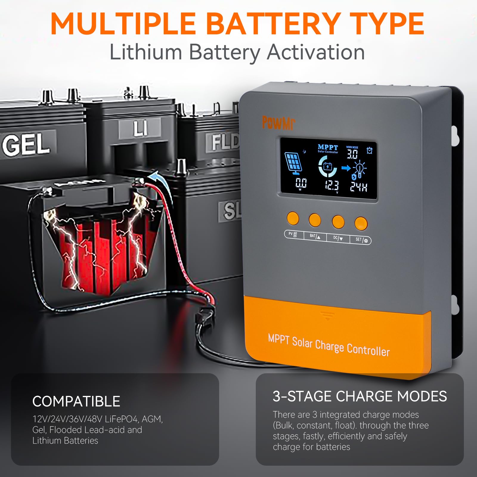 PowMr 60 amp MPPT Solar Charge Controller 12V/24V/36V/48V DC Input 60A MPPT Charge Controller Max PV Input 160V LCD Display Solar Panel Regulator for LiFePO4 Gel Flooded Lead-Acid and Lithium Battery