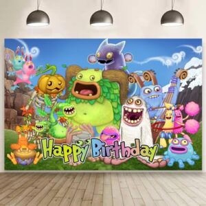 singing monsters birthday decorations, singing monsters happy birthday banner backdrop for singing monsters birthday party supplies (5x3ft)