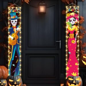 71 x 12 Inches Lighted Day of The Dead Backdrop for Doorway Porch, Dia De Los Muertos Sugar Skull Mexican Theme Outdoor Indoor Door Wall Welcome Hanging Door LED Banner Decorations Party Supplies