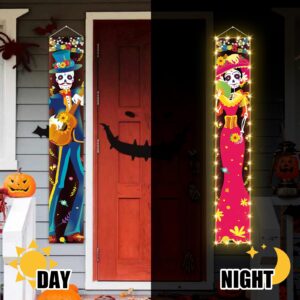 71 x 12 Inches Lighted Day of The Dead Backdrop for Doorway Porch, Dia De Los Muertos Sugar Skull Mexican Theme Outdoor Indoor Door Wall Welcome Hanging Door LED Banner Decorations Party Supplies