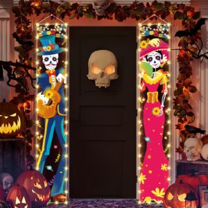 71 x 12 Inches Lighted Day of The Dead Backdrop for Doorway Porch, Dia De Los Muertos Sugar Skull Mexican Theme Outdoor Indoor Door Wall Welcome Hanging Door LED Banner Decorations Party Supplies