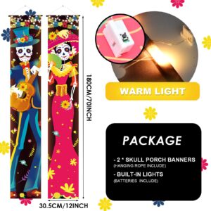 71 x 12 Inches Lighted Day of The Dead Backdrop for Doorway Porch, Dia De Los Muertos Sugar Skull Mexican Theme Outdoor Indoor Door Wall Welcome Hanging Door LED Banner Decorations Party Supplies