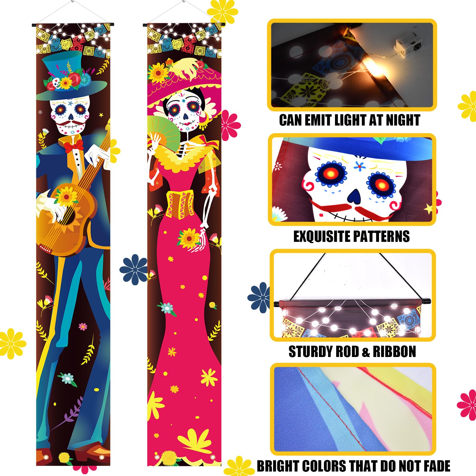 71 x 12 Inches Lighted Day of The Dead Backdrop for Doorway Porch, Dia De Los Muertos Sugar Skull Mexican Theme Outdoor Indoor Door Wall Welcome Hanging Door LED Banner Decorations Party Supplies