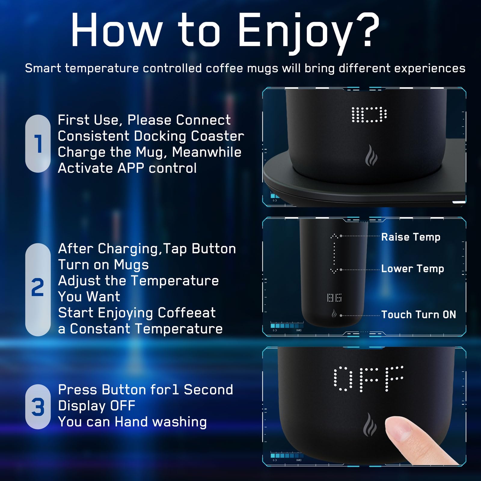 OTKAX Temperature Control Heated Coffee Mug Smart Self Heating Travel Mug 13 Oz App Controlled Warmer Mug 5 Hour LED Display Keep Coffee Hot All Day up to 149℉ Fast Wireless Charger Base Black