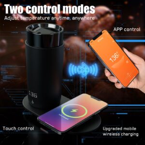 OTKAX Temperature Control Heated Coffee Mug Smart Self Heating Travel Mug 13 Oz App Controlled Warmer Mug 5 Hour LED Display Keep Coffee Hot All Day up to 149℉ Fast Wireless Charger Base Black