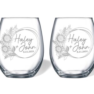 Alterd Industries Personalized Wedding Set - Sunflower Wine Glasses, Engraved Wedding Glasses, Personalized Wedding Gift, Anniversary Gift, Flowers, Couples Gift, Bride (21oz Stemless Wine Glasses)