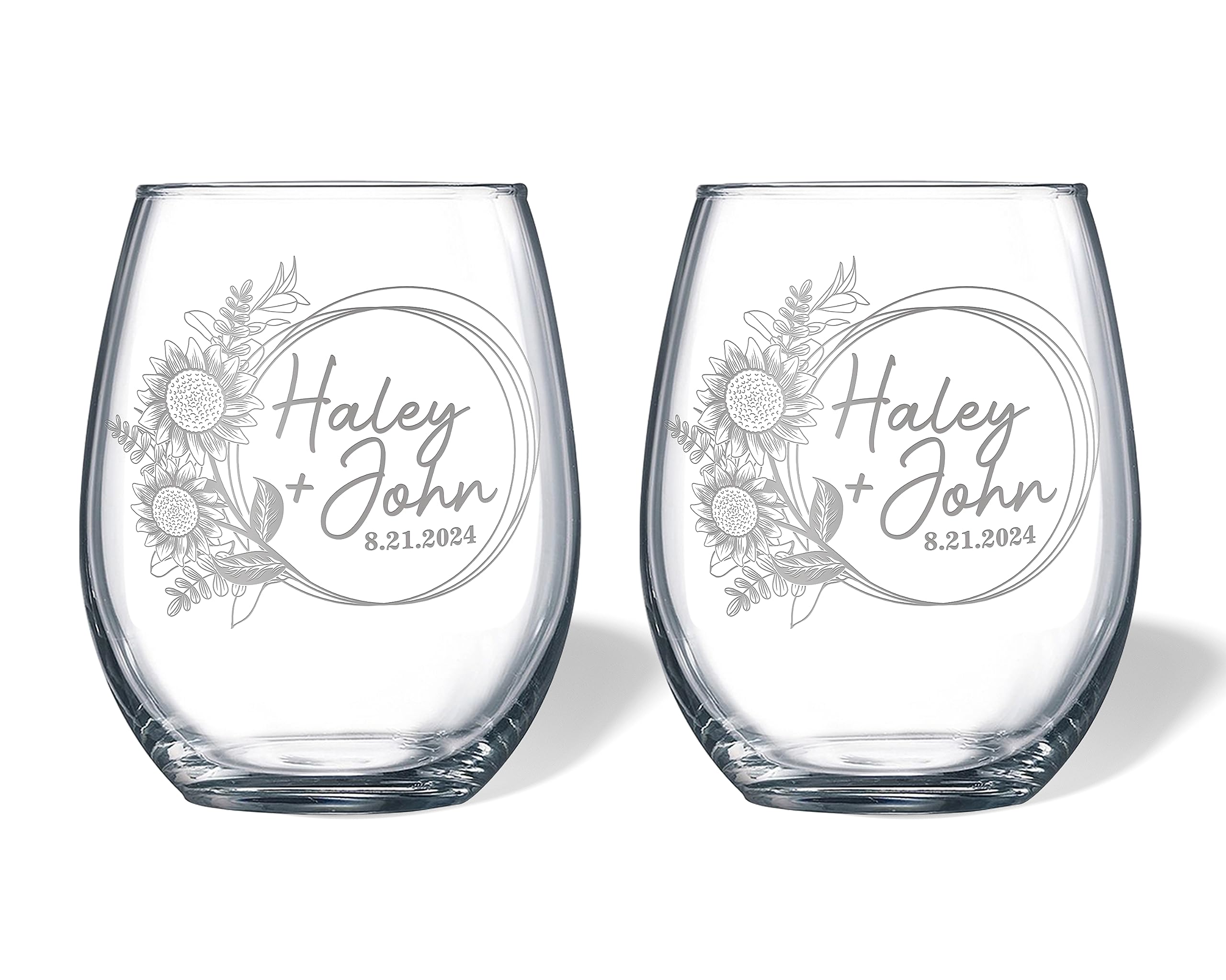 Alterd Industries Personalized Wedding Set - Sunflower Wine Glasses, Engraved Wedding Glasses, Personalized Wedding Gift, Anniversary Gift, Flowers, Couples Gift, Bride (21oz Stemless Wine Glasses)