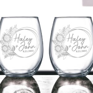 Alterd Industries Personalized Wedding Set - Sunflower Wine Glasses, Engraved Wedding Glasses, Personalized Wedding Gift, Anniversary Gift, Flowers, Couples Gift, Bride (21oz Stemless Wine Glasses)