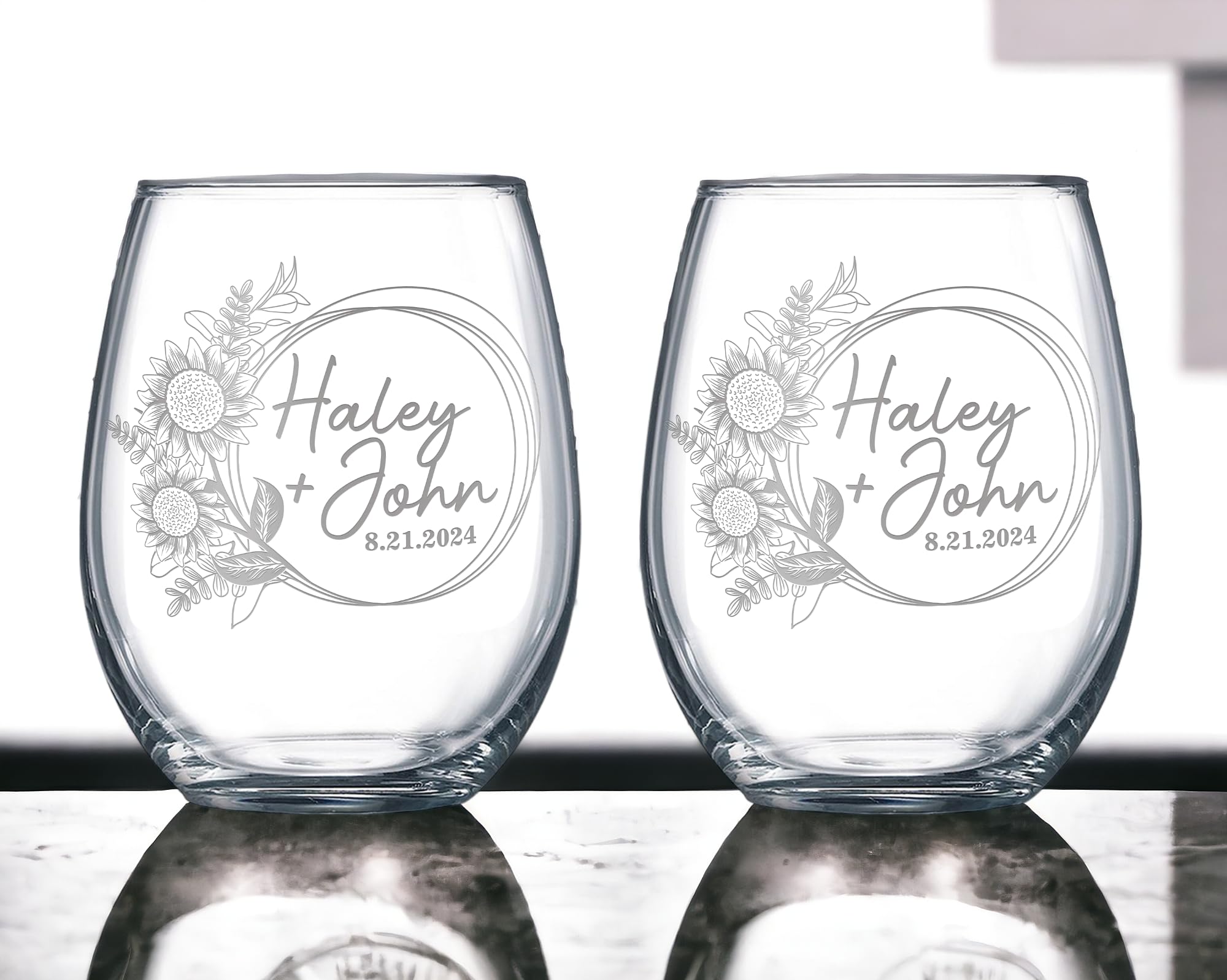 Alterd Industries Personalized Wedding Set - Sunflower Wine Glasses, Engraved Wedding Glasses, Personalized Wedding Gift, Anniversary Gift, Flowers, Couples Gift, Bride (21oz Stemless Wine Glasses)