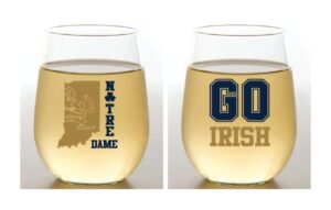 set of 2 wine-oh! stemless shatterproof plastic 16 oz printed wine glasses made in the usa in gable box packaging, great gift (collegiate notre dame-inspired)