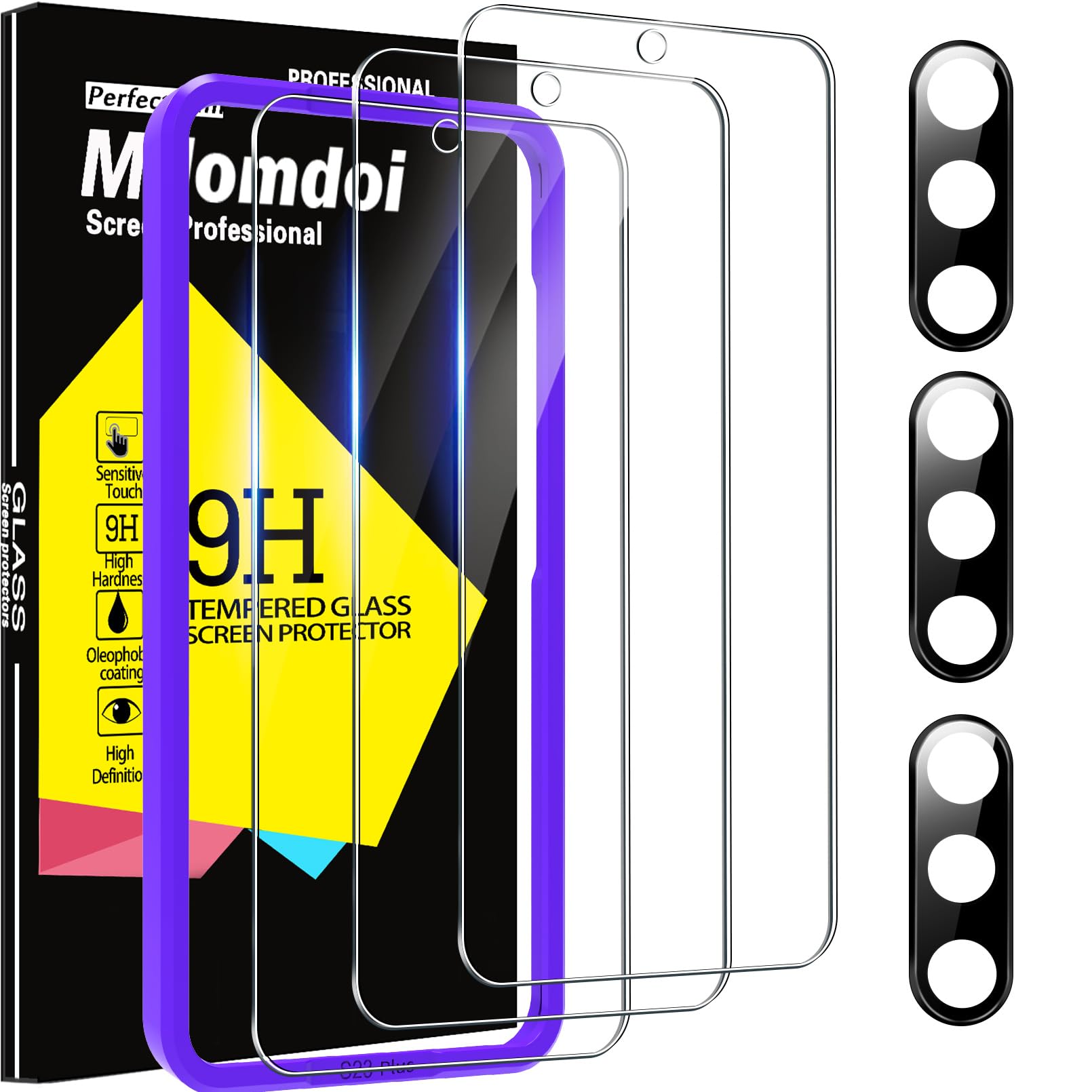 Milomdoi 3 Pack Screen Protector for Samsung Galaxy S23 Plus 6.6 Inch with 3 Pack Tempered Glass Camera Lens Protector, Ultra 9H Accessories, Case Friendly, Mounting Frame, 2.5D Curved - HD