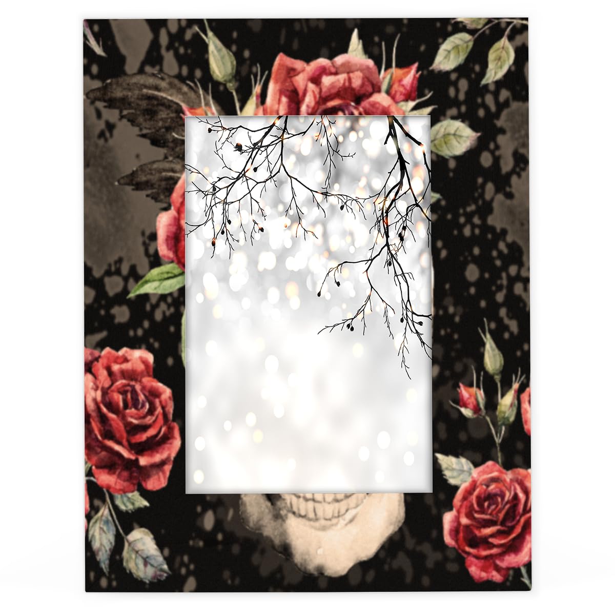 POFATO Skull Red Rose 5x7 Picture Frame Wood Photo Frame for Tabletop Display Wall Mount Picture Frame Display 5 x 7 Inch Photo Wall Decor Home Gift Frames