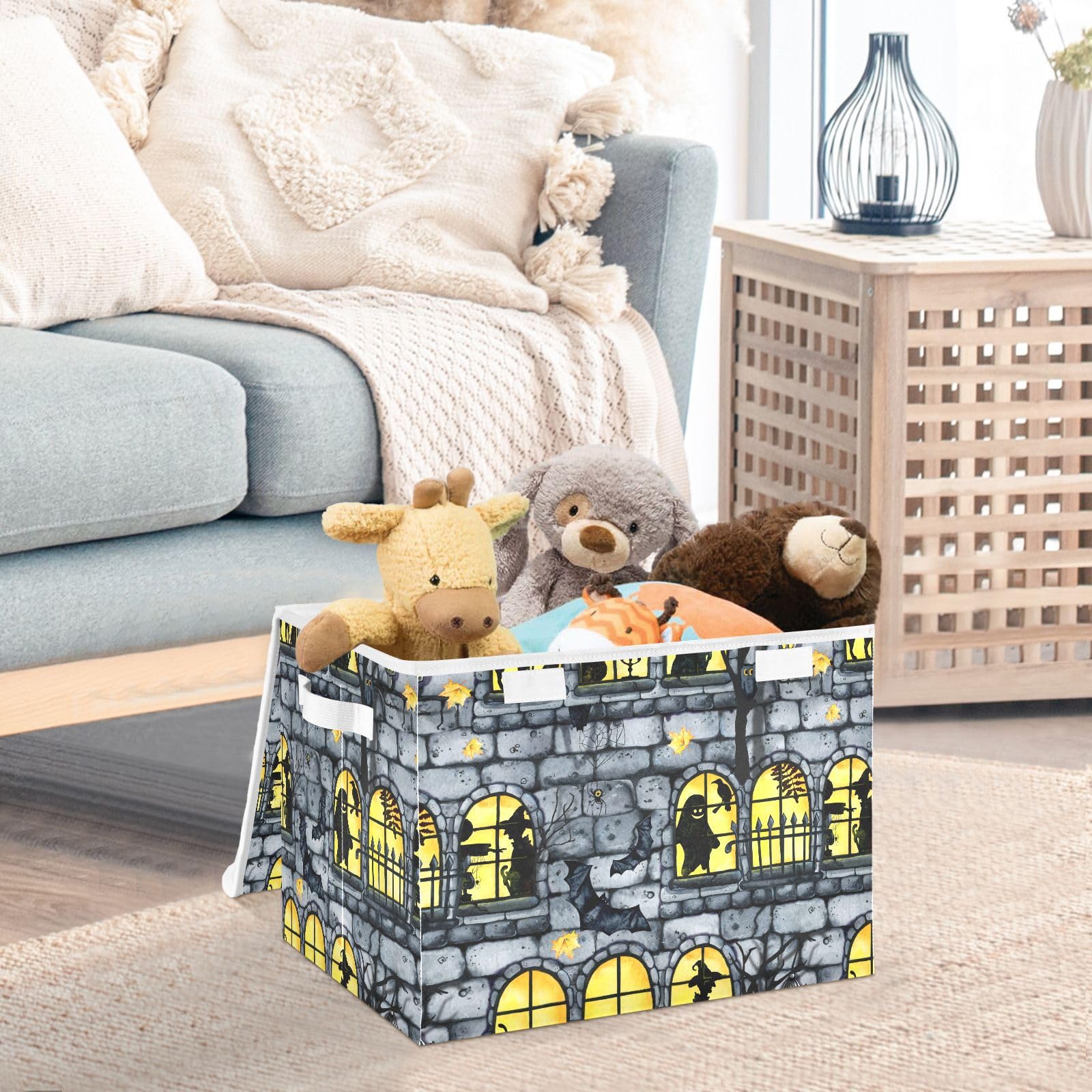 Ollabaky Gothic Castle Halloween Foldable Storage Bin with Lid Storage Box Large Cube Organizer Containers Baskets with Handles for Closet Organization, Shelves, Toys, Clothes