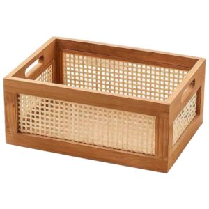 cabilock handmade bamboo rattan storage basket home office tabletop shelf organizer woven storage bin with wooden frame & handles
