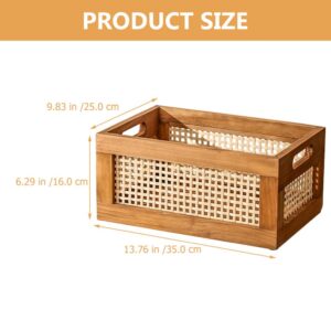 Cabilock Handmade Bamboo Rattan Storage Basket Home Office Tabletop Shelf Organizer Woven Storage Bin with Wooden Frame & Handles