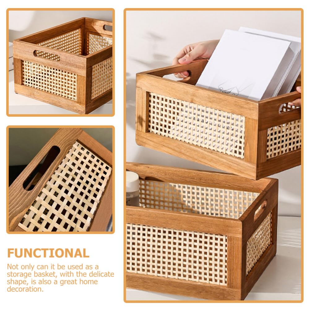 Cabilock Handmade Bamboo Rattan Storage Basket Home Office Tabletop Shelf Organizer Woven Storage Bin with Wooden Frame & Handles